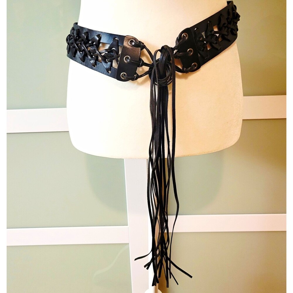 Black Leather Fringe Belt Wide Lace Up Boho Western Festival Adjustable Tie